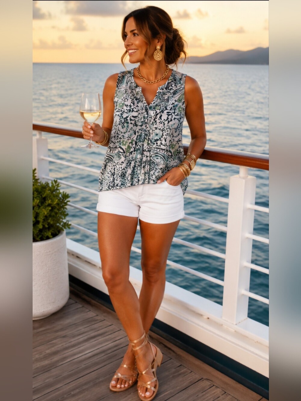 Floral Beachy Boho Cotton Greens Blues Beachy v neck Vacay Cruise sleeveless Top